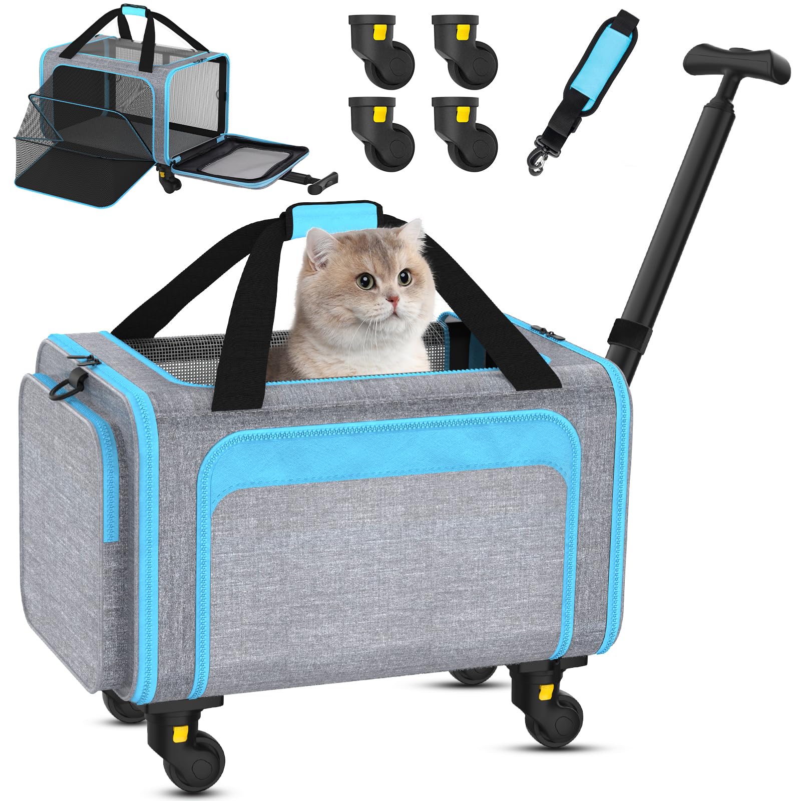 Grolomge rolling pet carrier under-seat view shows airline-friendly soft-side design for easy under-seat fit.