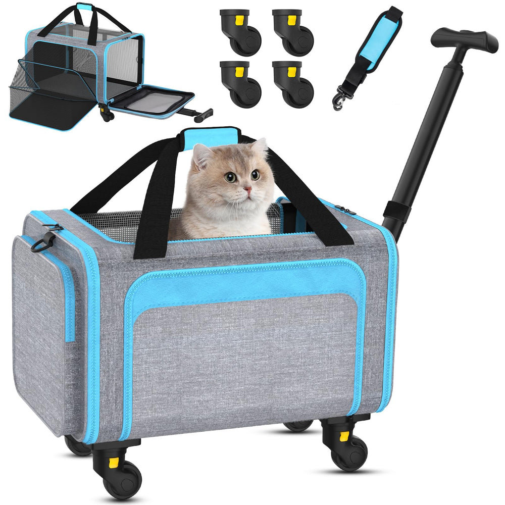 Grolomge rolling pet carrier under-seat view shows airline-friendly soft-side design for easy under-seat fit.