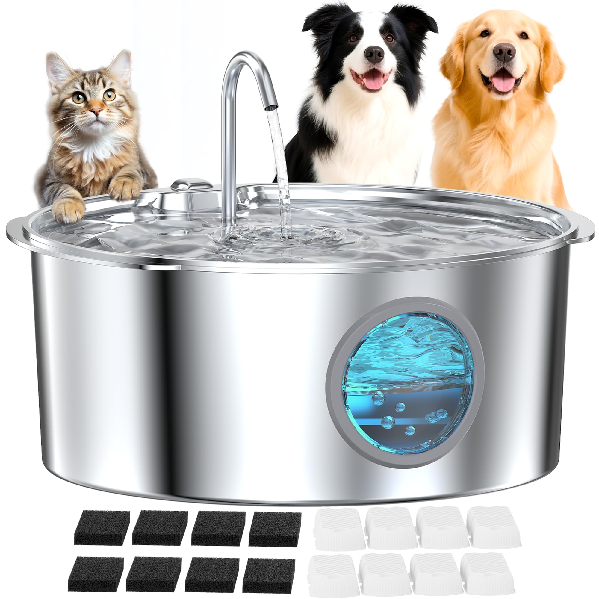 GROOKPET large dog water fountain in stainless steel with 12L capacity for multi-pet hydration