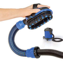 Groom Hero Vacuum Brush Kit demonstrates universal hose connection and effective pet-hair removal from furniture.