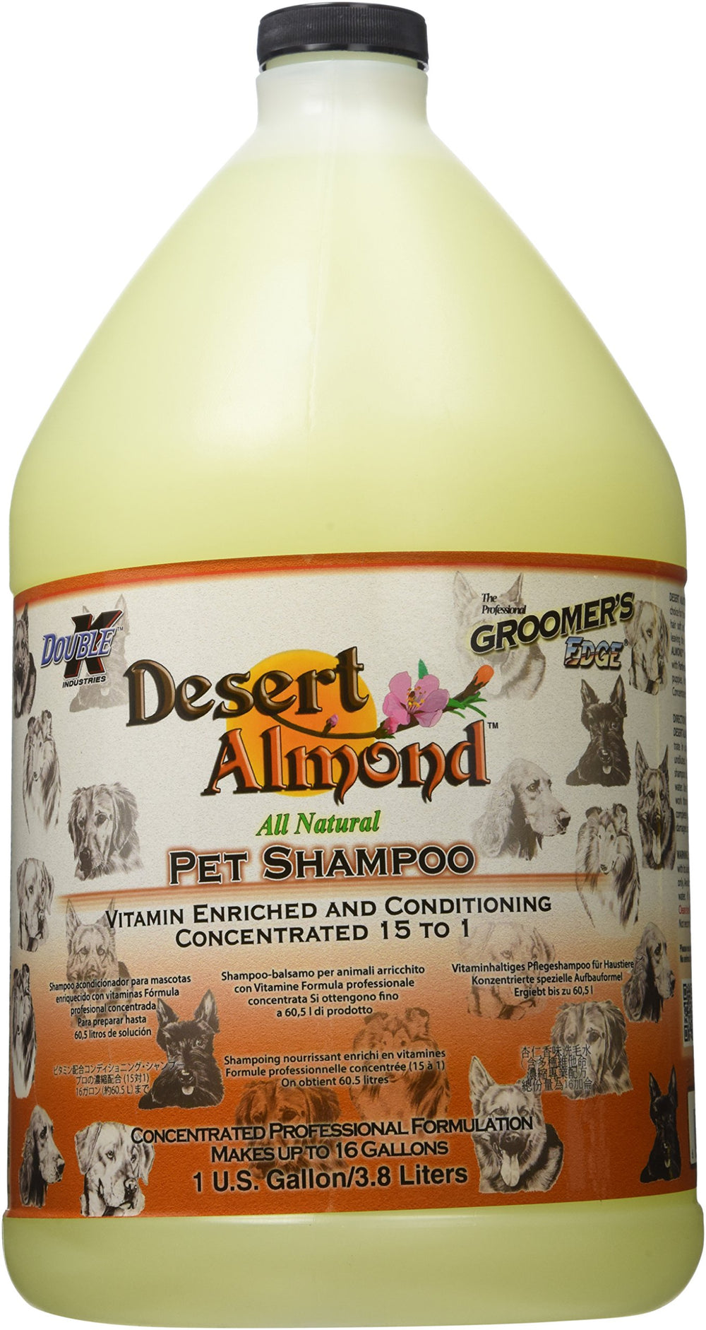 Groomer's Edge Desert Almond Shampoo bottle highlights vitamin enrichment and gentle cleansing.