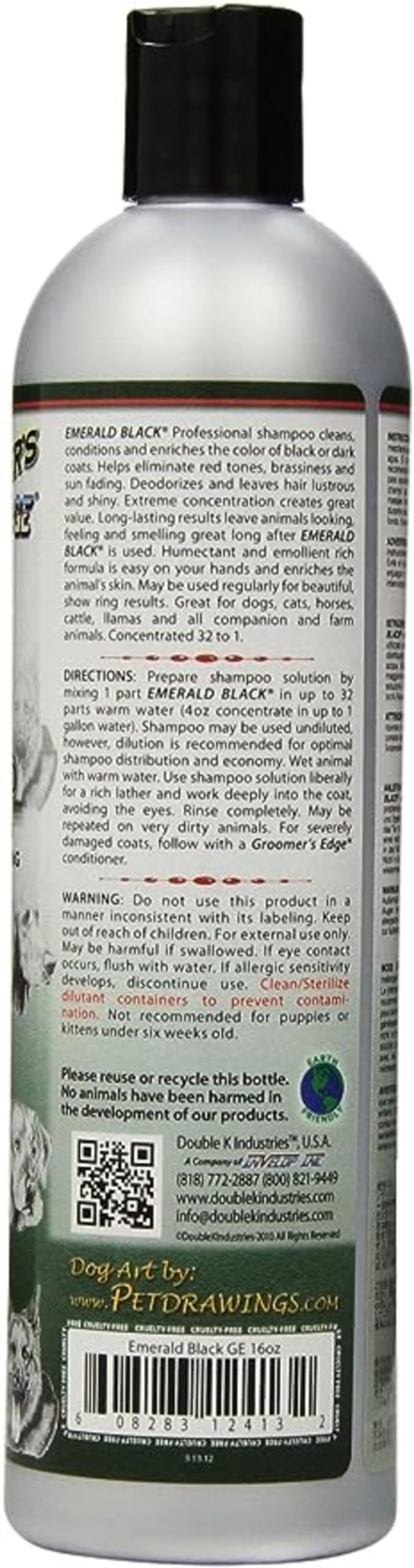 Groomers Edge Emerald Black shampoo label with dilution ratio for quick setup.