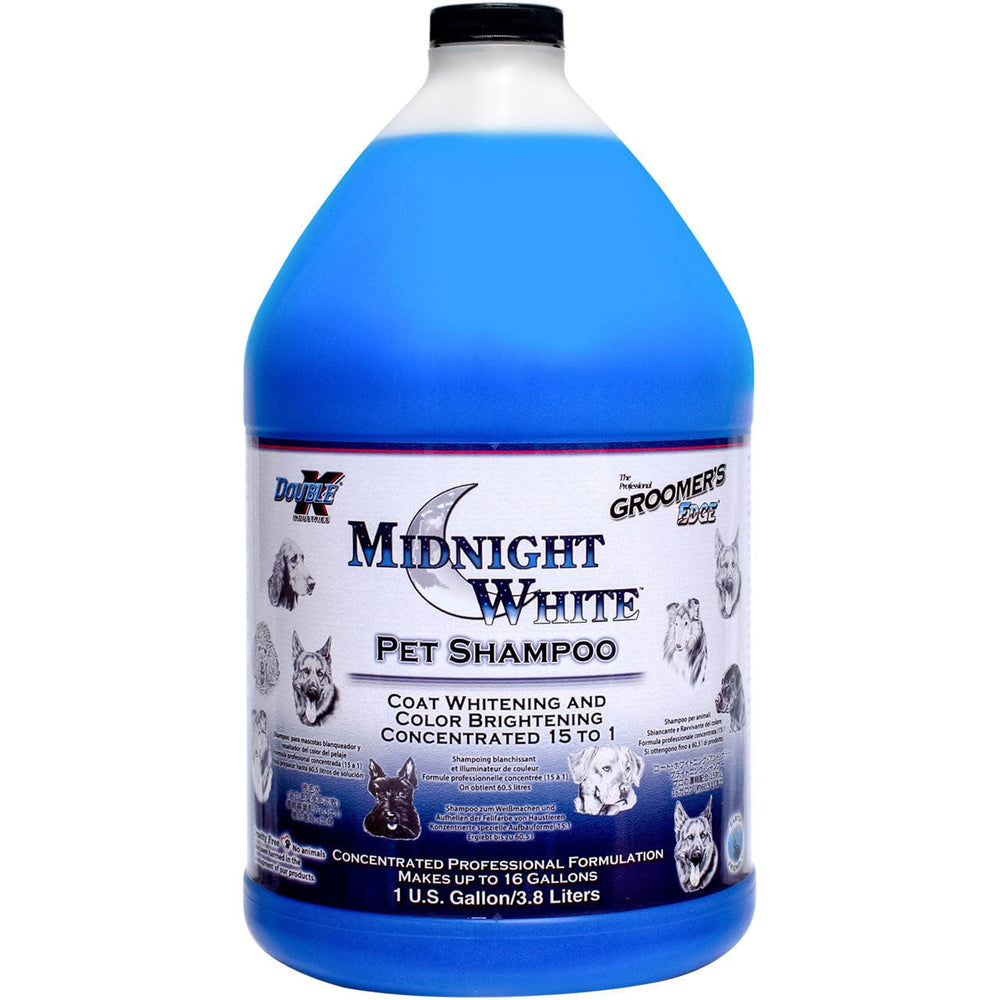 Groomer's Edge Midnight White Shampoo bottle for pets, brightens coats and removes odors.