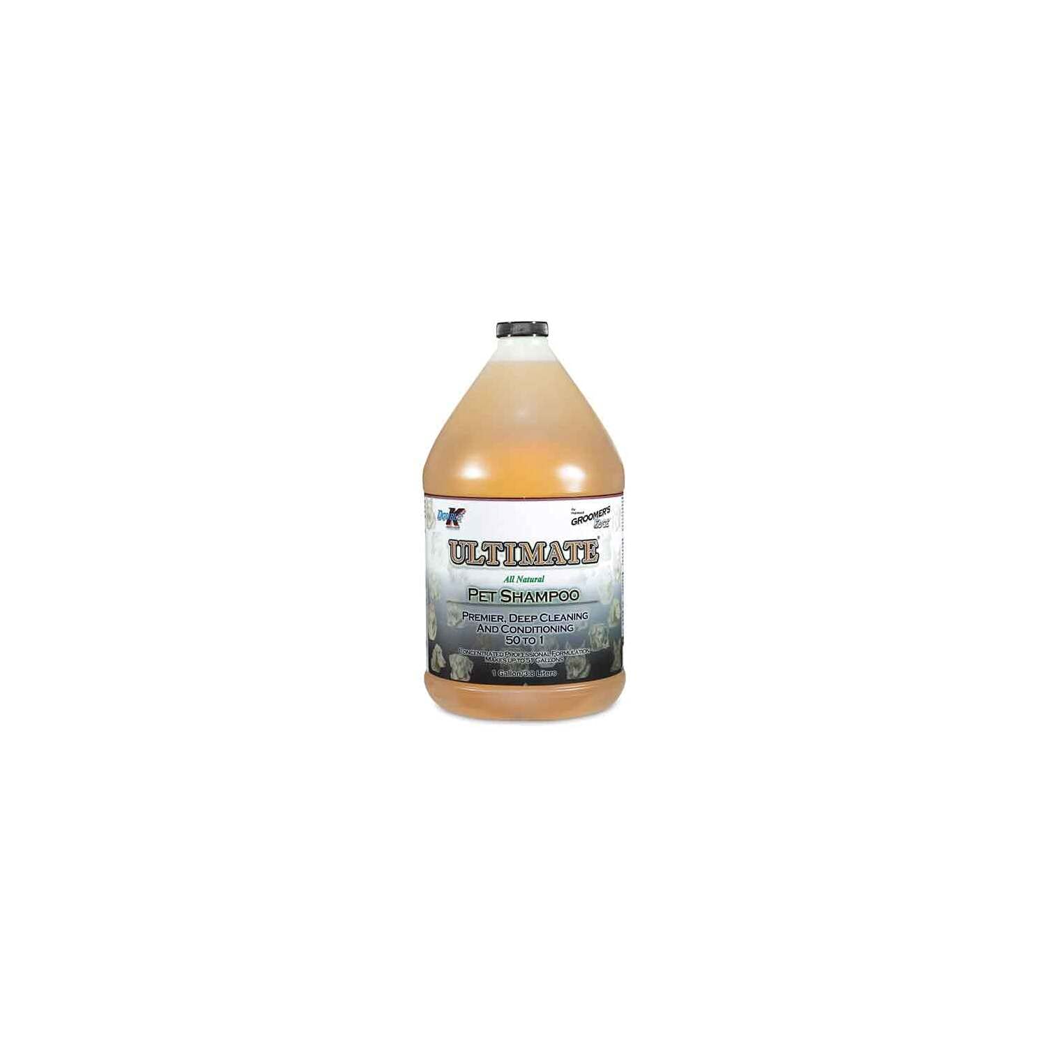 Groomer's Edge Ultimate Shampoo bottle highlights a concentrated formula for volume, shine, and odor control