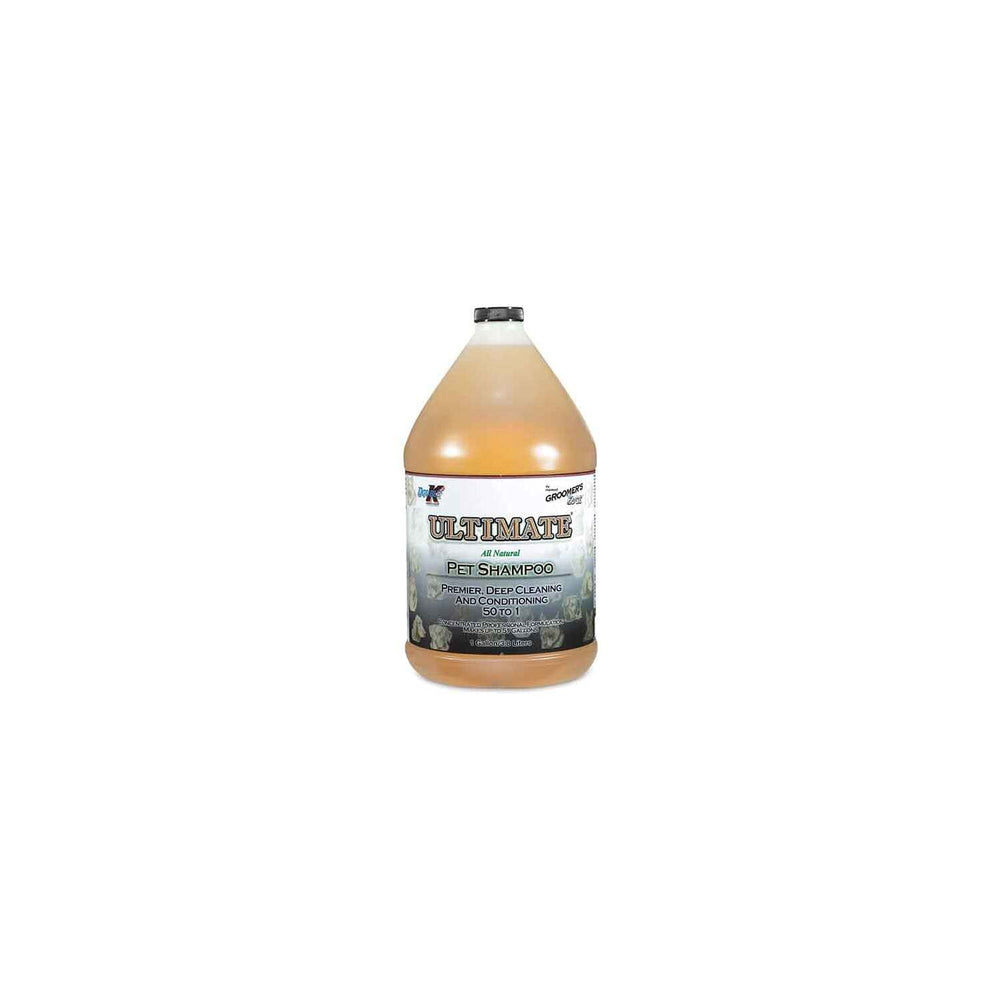 Groomer's Edge Ultimate Shampoo bottle highlights a concentrated formula for volume, shine, and odor control