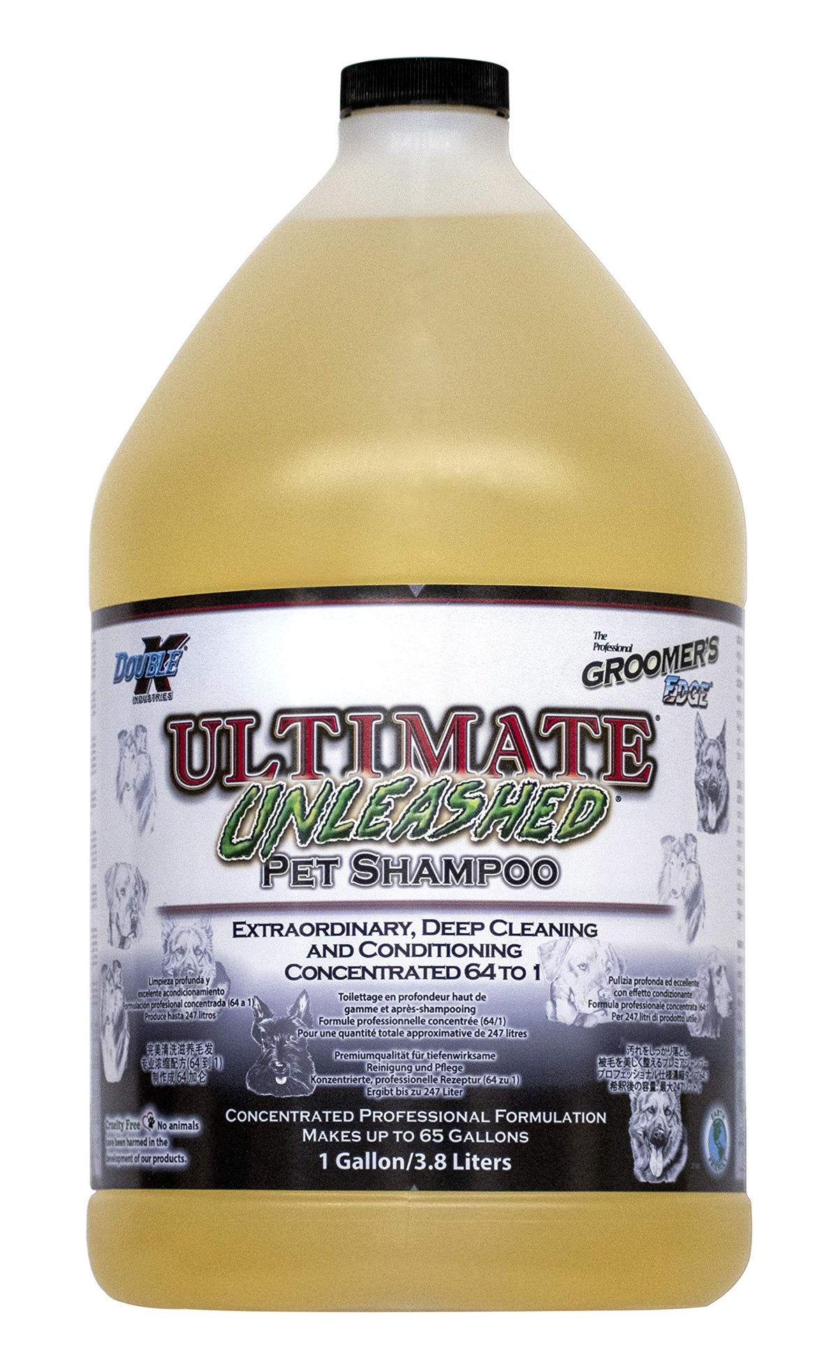 Groomer's Edge Ultimate Unleashed shampoo gallon pouring for detangling and lasting coat shine.