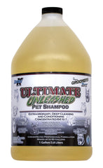 Groomer's Edge Ultimate Unleashed shampoo gallon pouring for detangling and lasting coat shine.