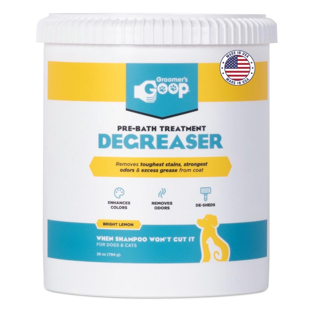 Groomer's GOOP Pre-Bath Degreaser bottle closeup highlighting powerful dirt-cutting action