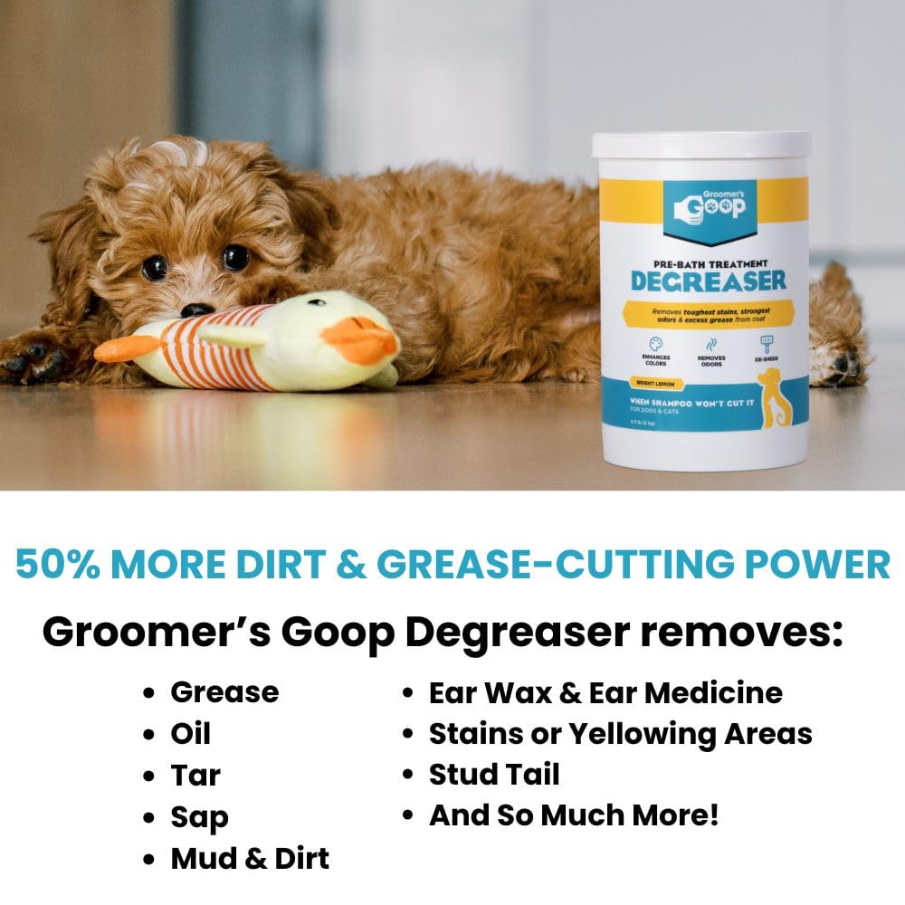 Groomer's GOOP degreaser in hand showing pre-wash cleaning action