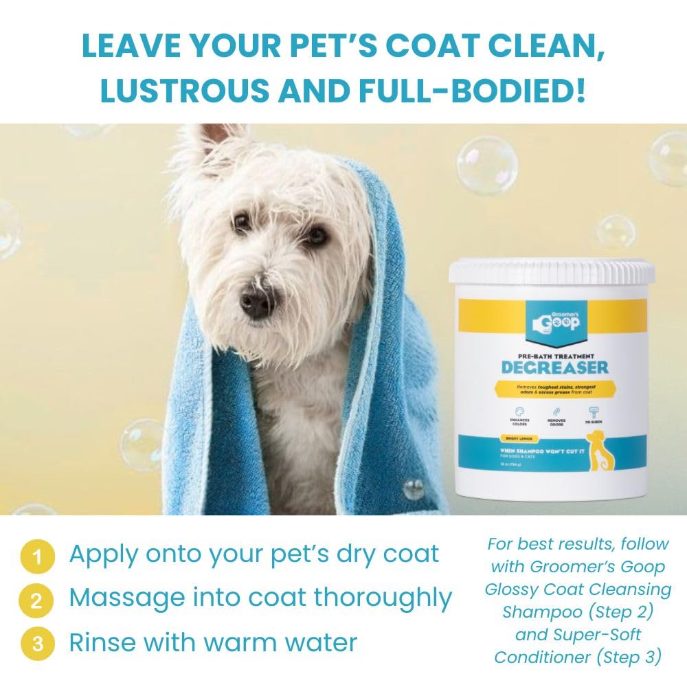 Groomer's GOOP Pre-Bath used in a grooming setup for professional results