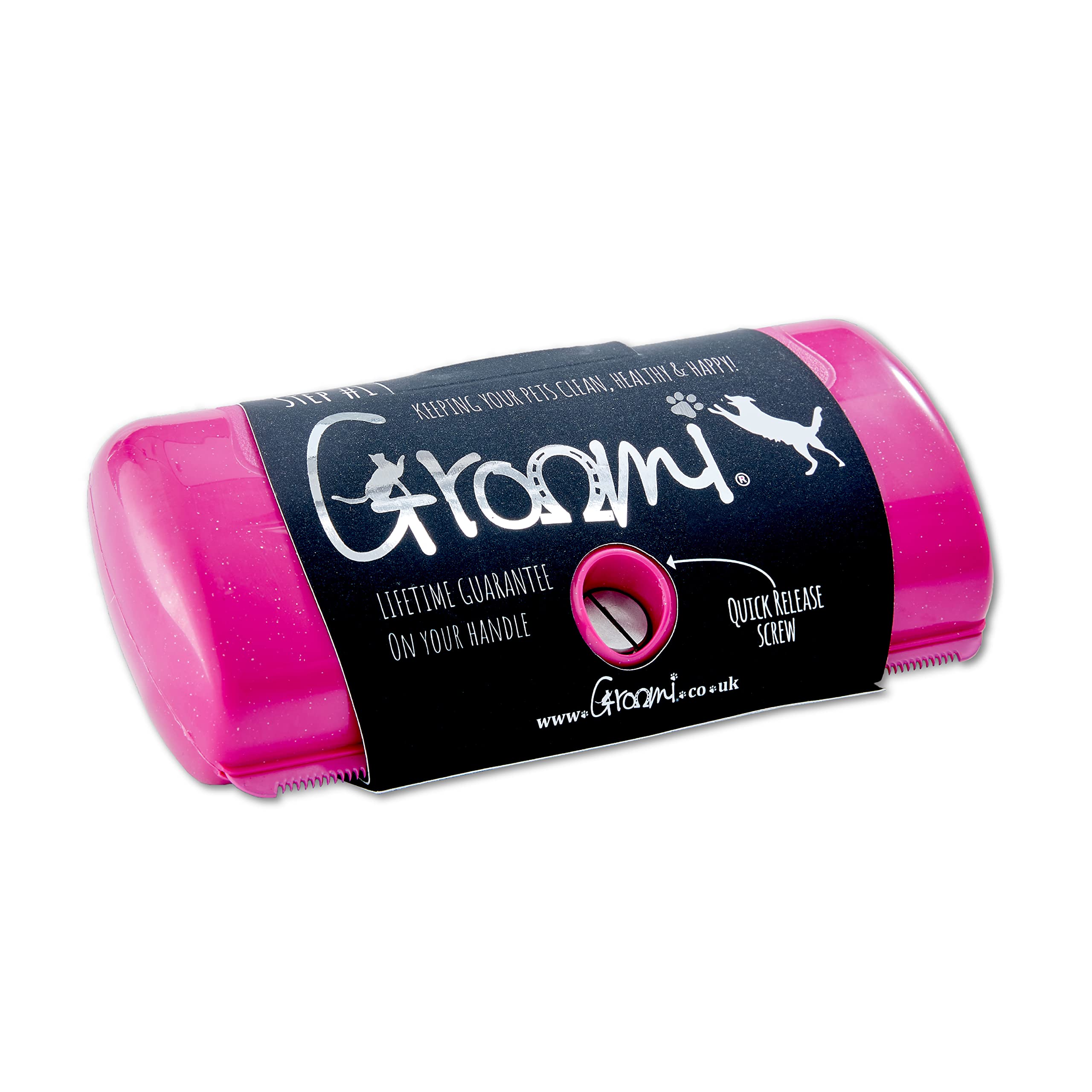 Groomi Tool pink deshedding brush closeup highlighting easy fur removal for pets.