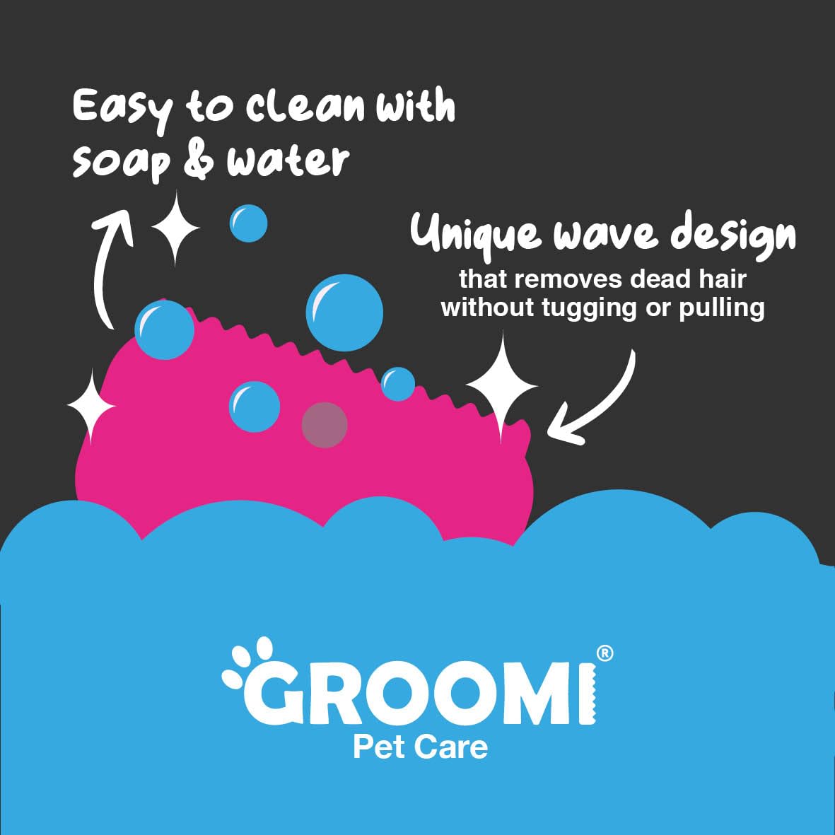 Groomi Tool hair collection on brush shows collected loose fur and easy cleanup.