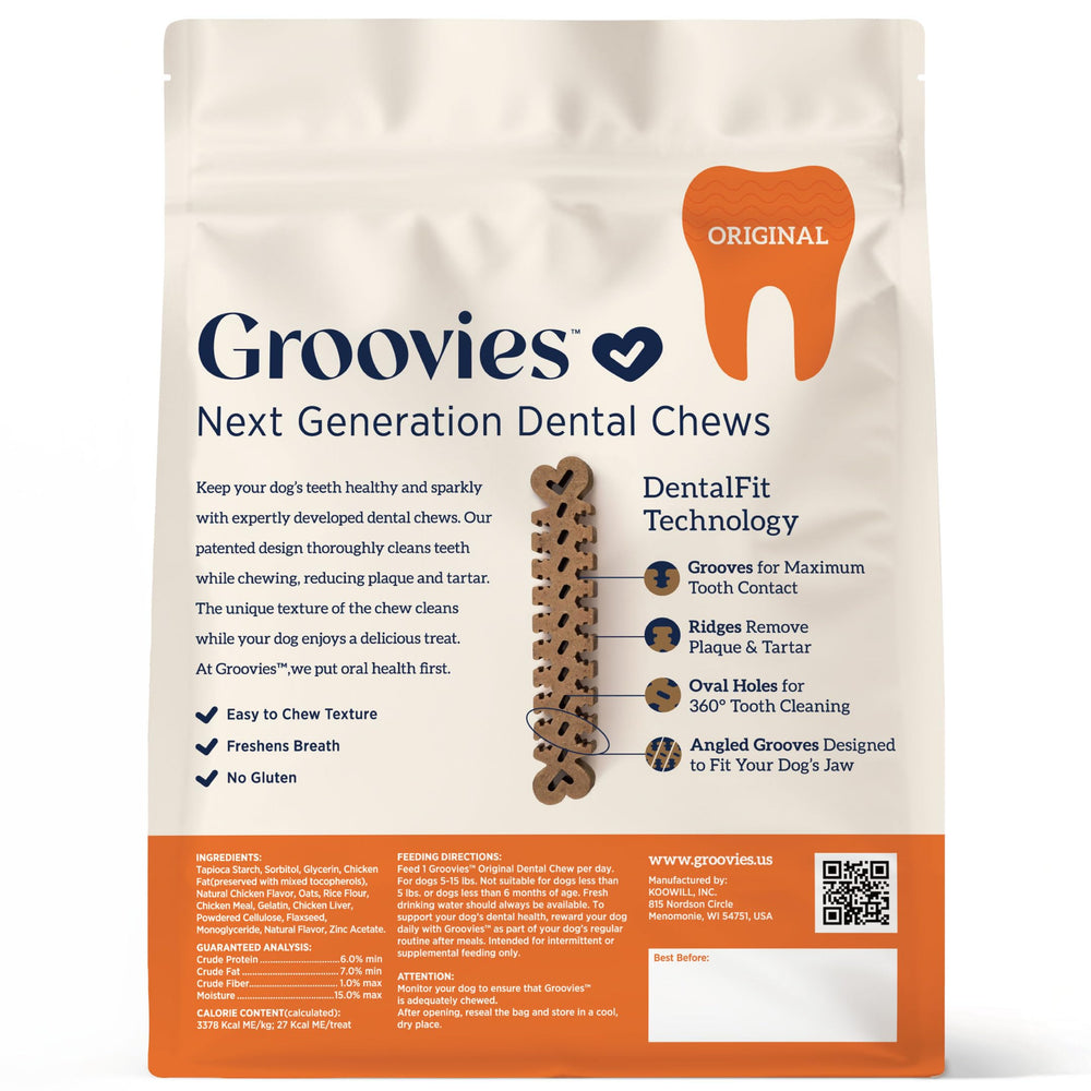 Groovies DentalFit grooves demonstrate patented design for thorough bite contact and cleaner teeth.