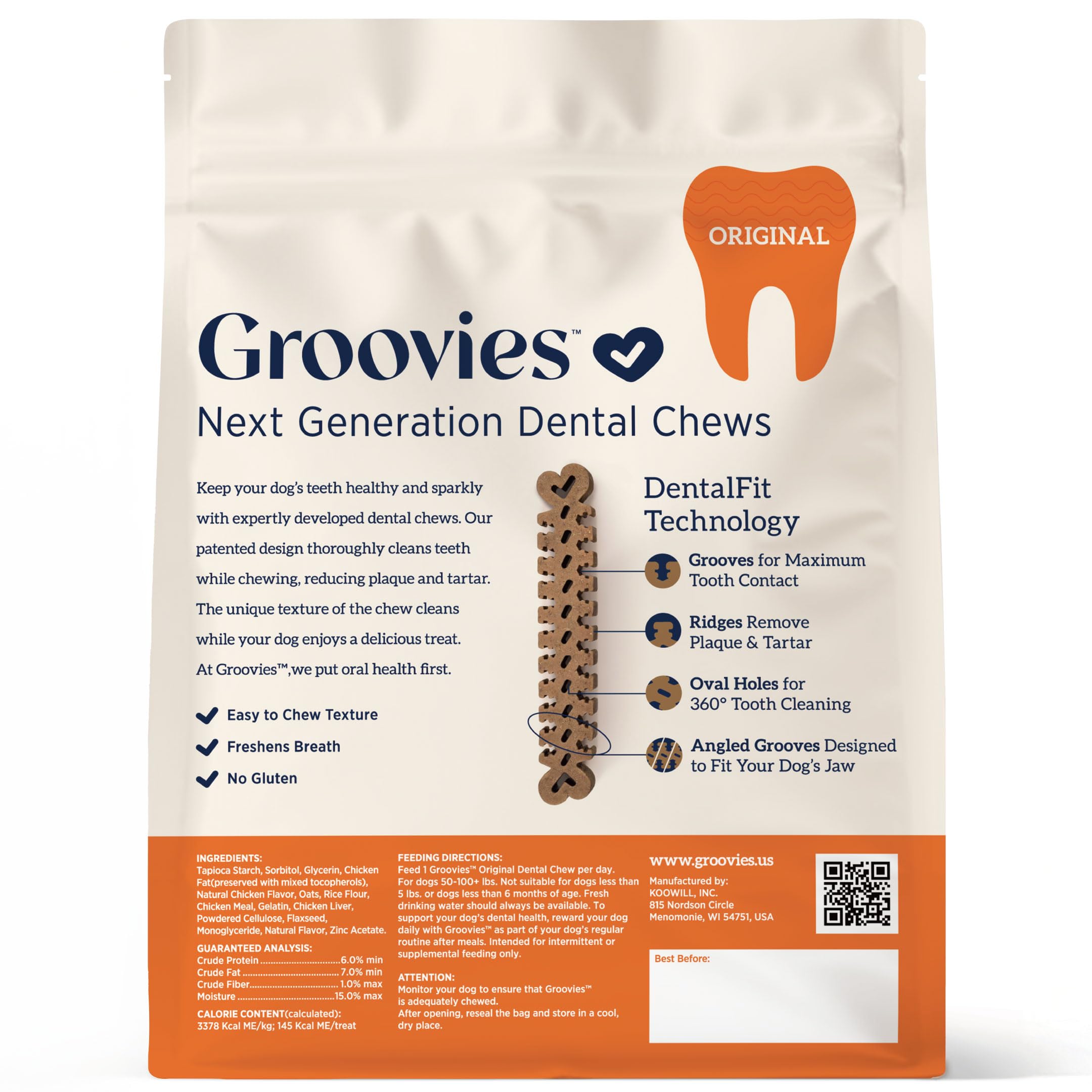 Groovies gentle durable texture chew provides satisfying chew time while protecting enamel