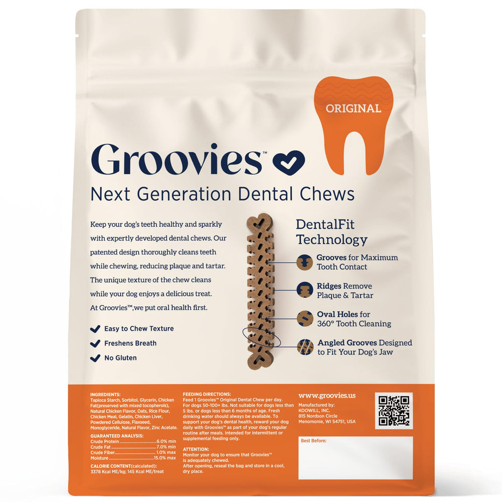 Groovies gentle durable texture chew provides satisfying chew time while protecting enamel