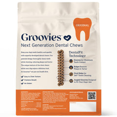 Groovies gentle durable texture chew provides satisfying chew time while protecting enamel