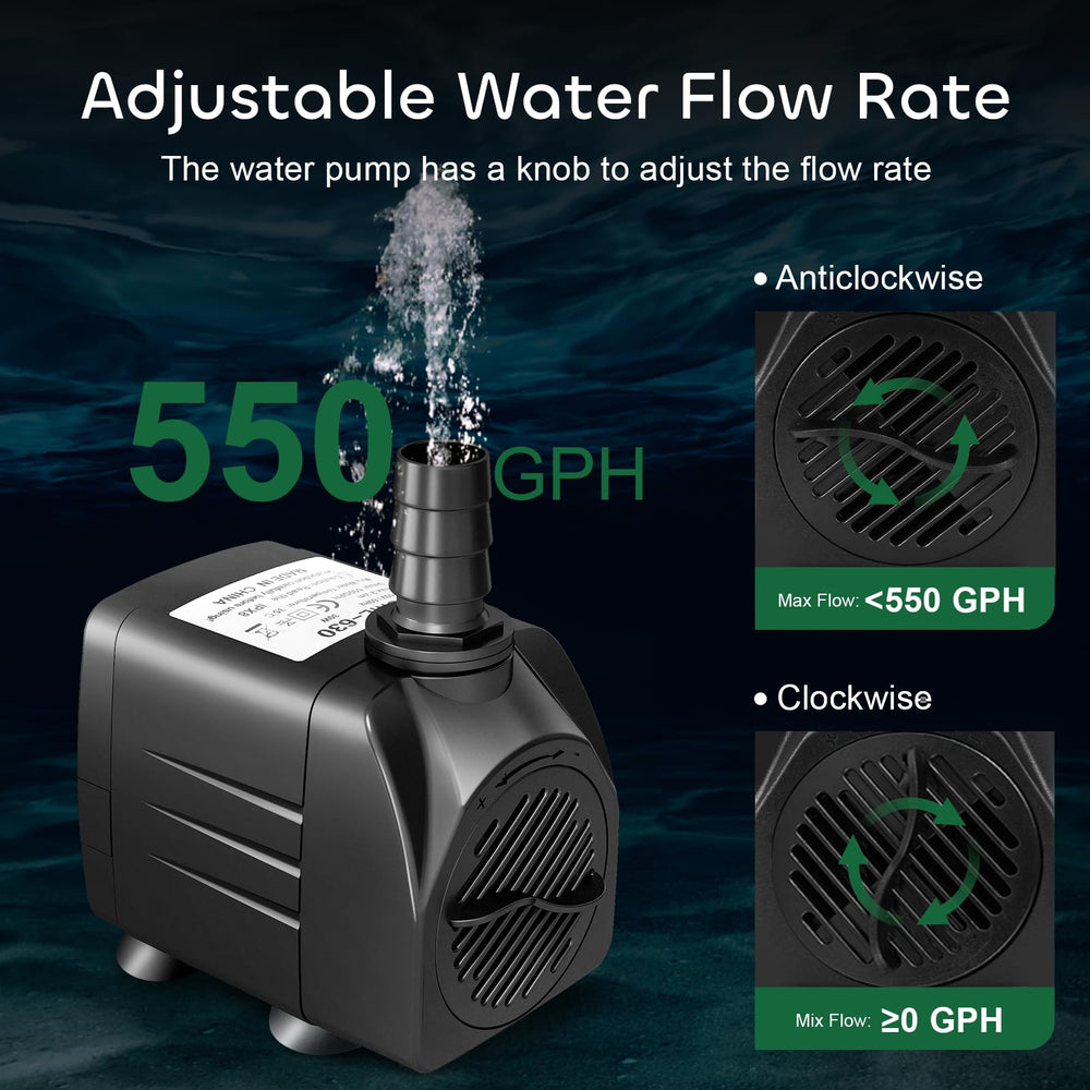 GROWNEER 550GPH submersible pump front view highlights durable body and accessible flow control.