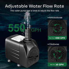 GROWNEER 550GPH submersible pump front view highlights durable body and accessible flow control.