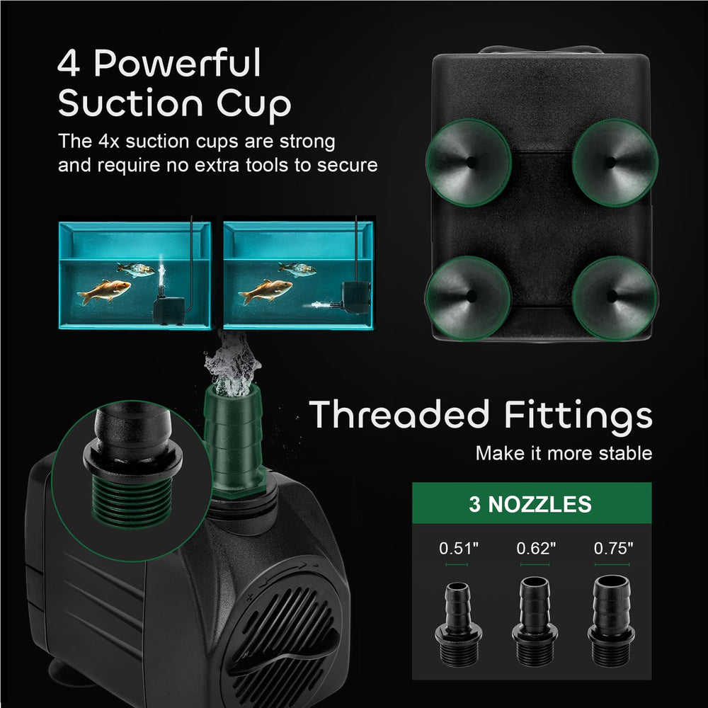 GROWNEER 550GPH pump with suction cups stays secure in aquariums and ponds