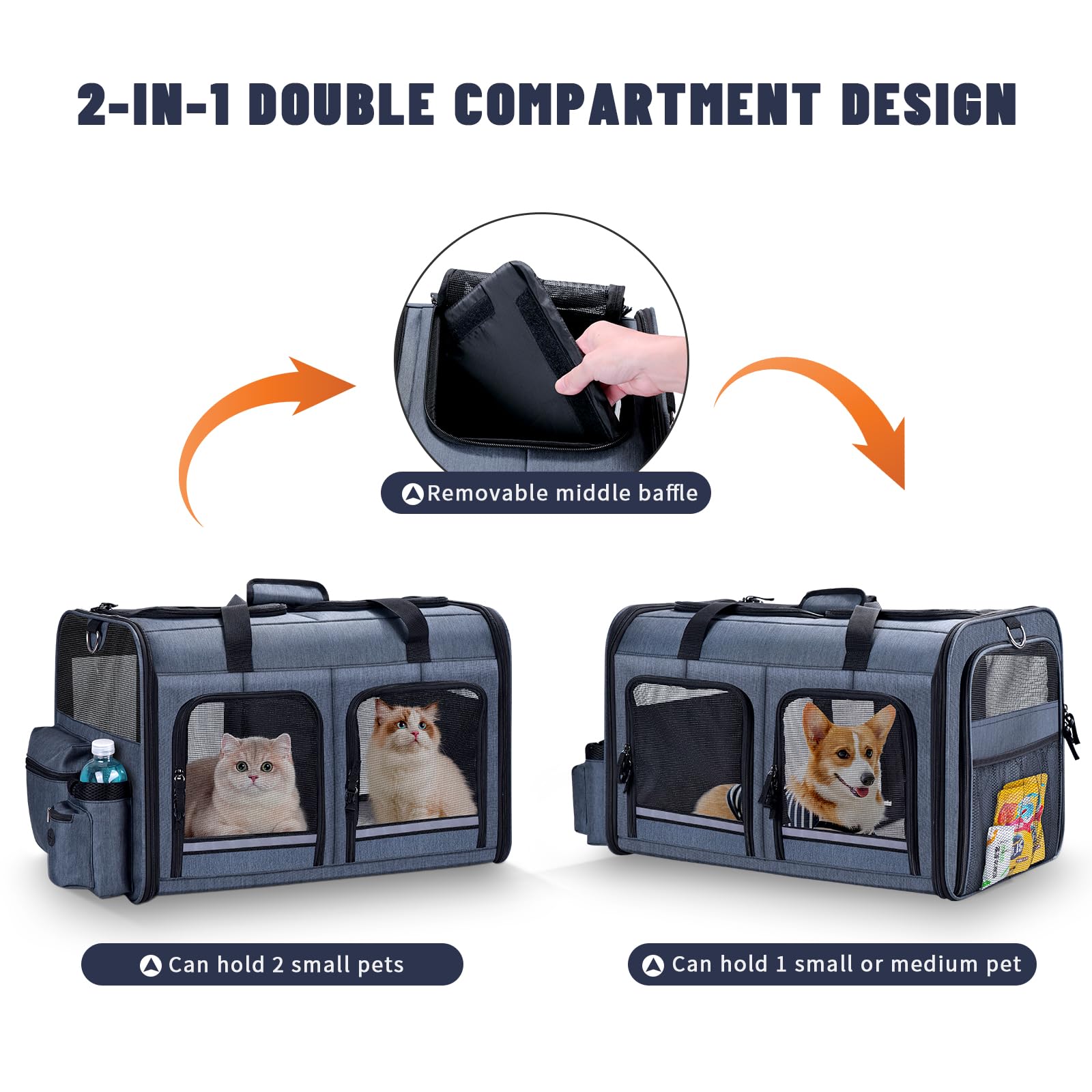 Groxkox cat carrier front zippered compartments for quick access to essentials