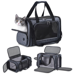 Groxkox cat carrier under-seat closed, ideal for airline cabin travel.
