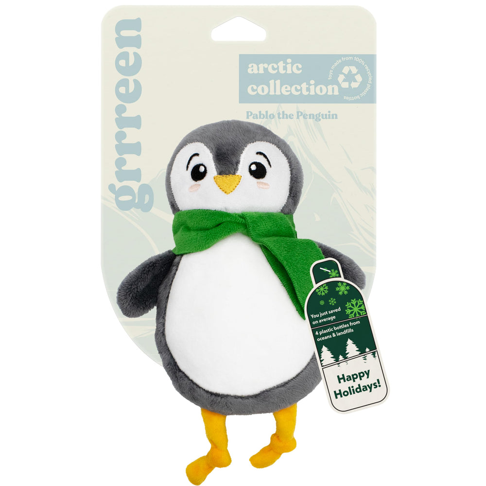 GRRREEN penguin plush closeup — cuddly design built for durable dog play.