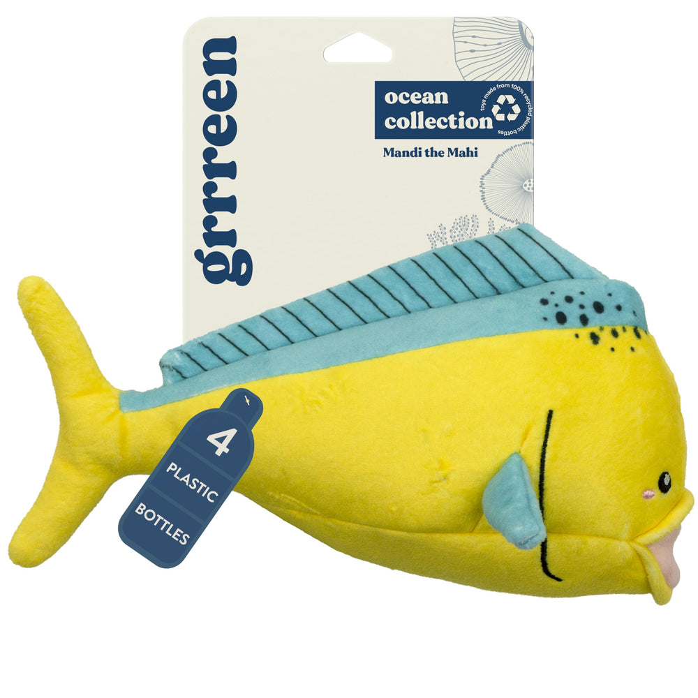 GRRREEN Mandi Mahi jumbo toy from Ocean Collection, durable plush for big-dog play.