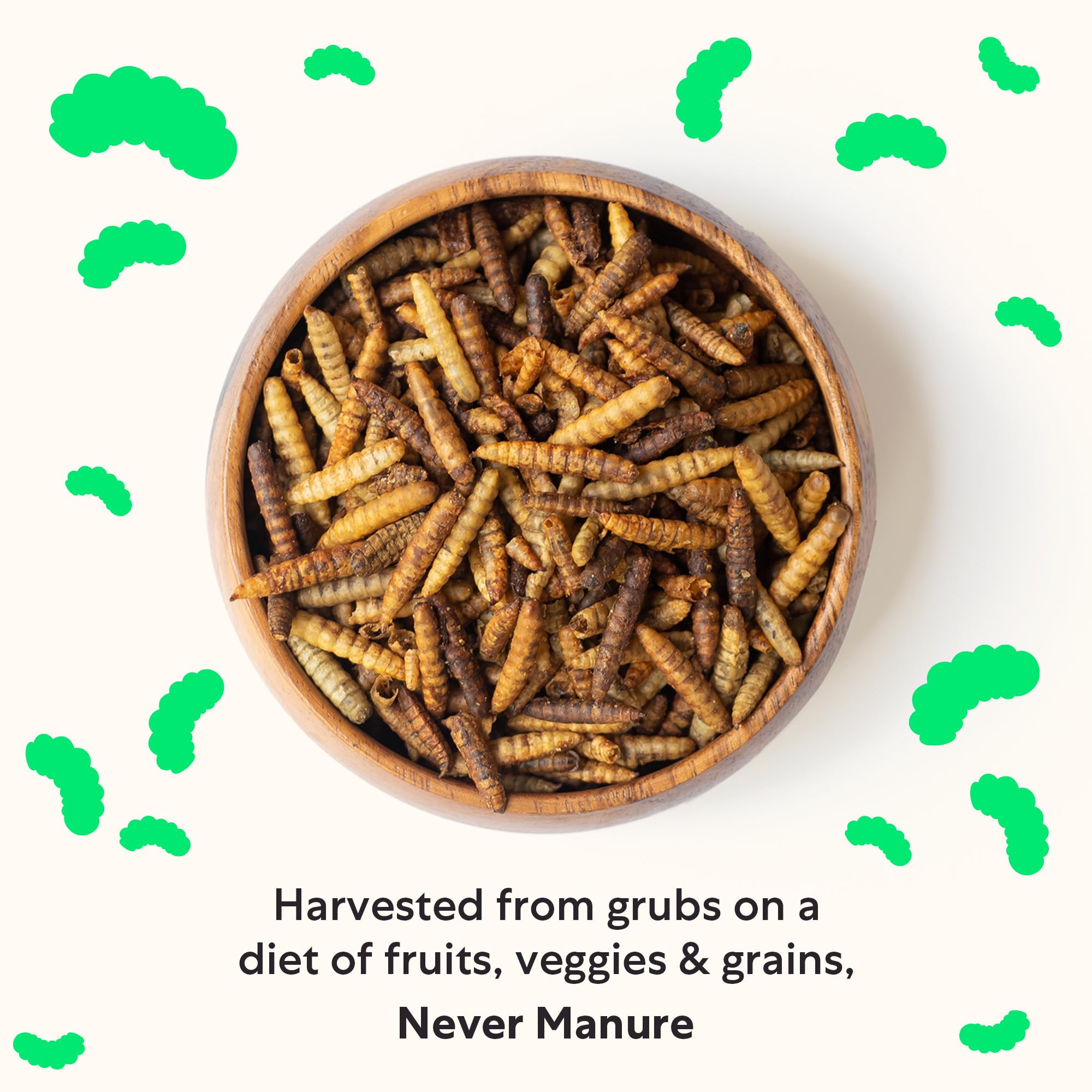 Grubblies oven-dried process close-up communicates quality control and nutrition.