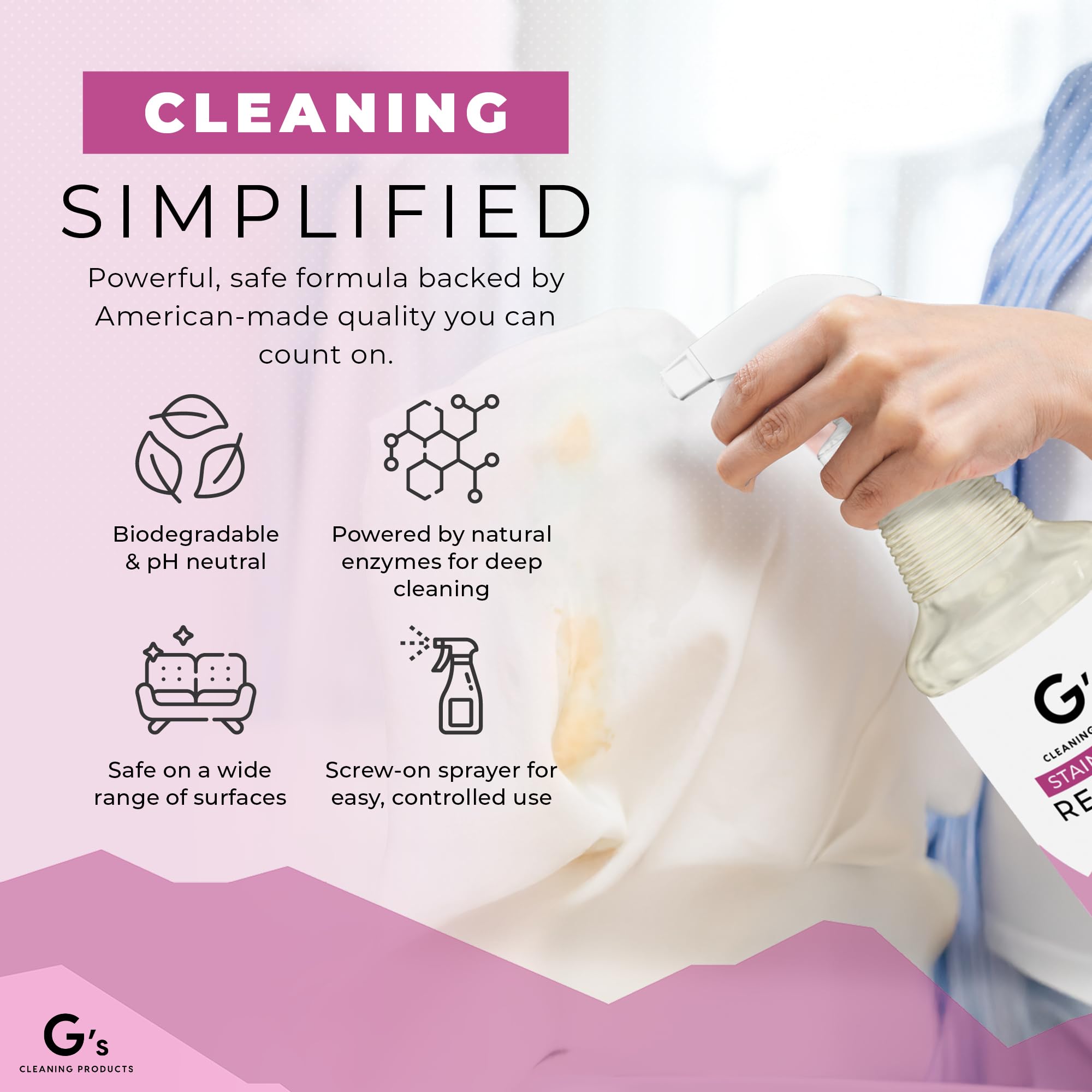G's Cleaning 32 oz bottle with rag illustrates complete cleaning set for spills.