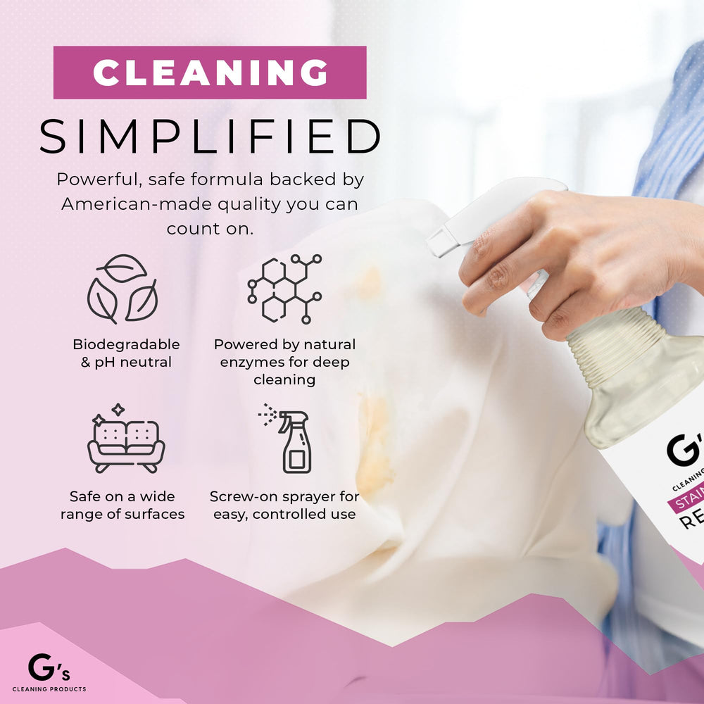 G's Cleaning 32 oz bottle with rag illustrates complete cleaning set for spills.