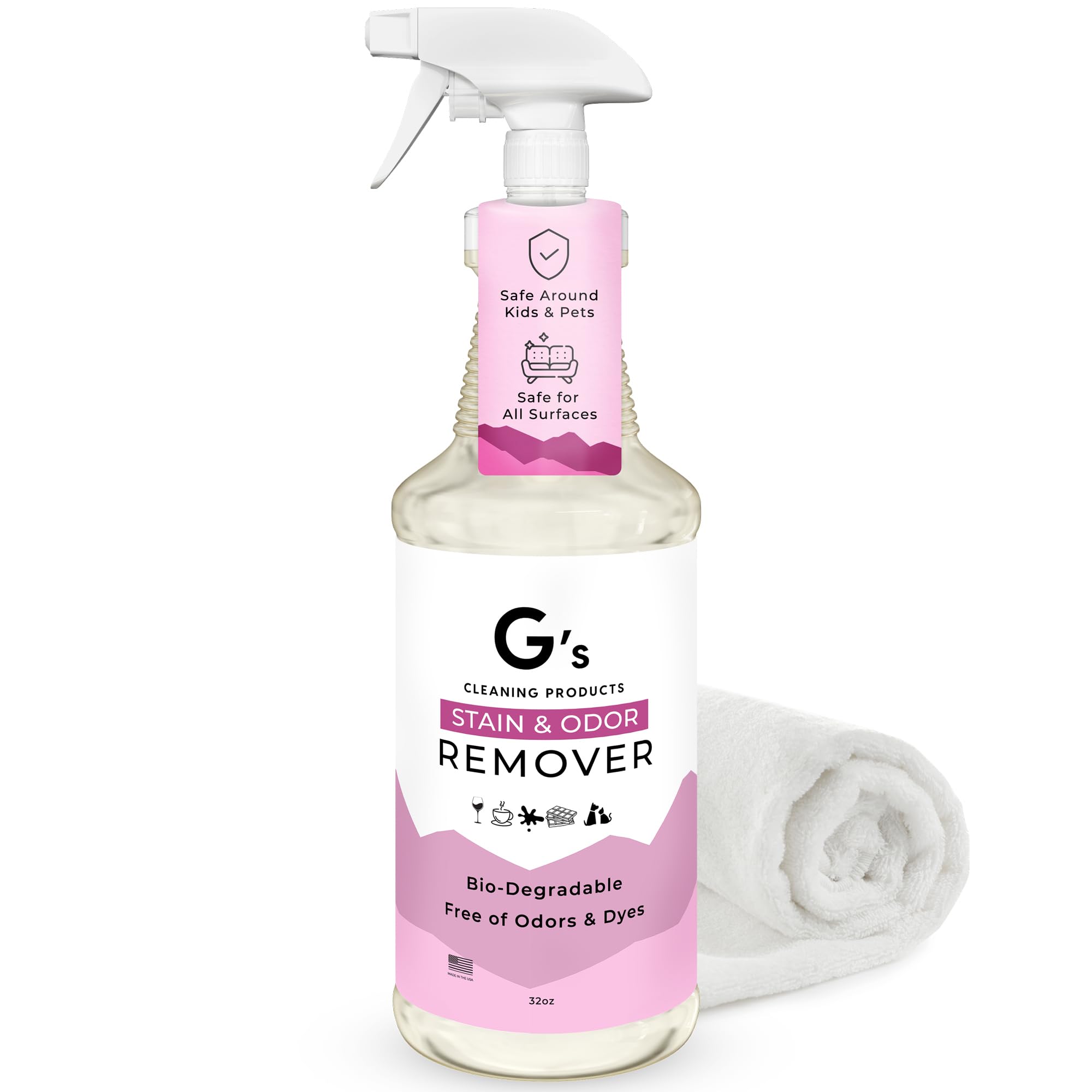 G's Cleaning Biodegradable Stain & Odor Remover bottle pour demonstrates safe, versatile stain removal.