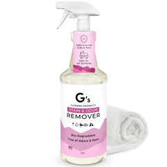 G's Cleaning Biodegradable Stain & Odor Remover bottle pour demonstrates safe, versatile stain removal.