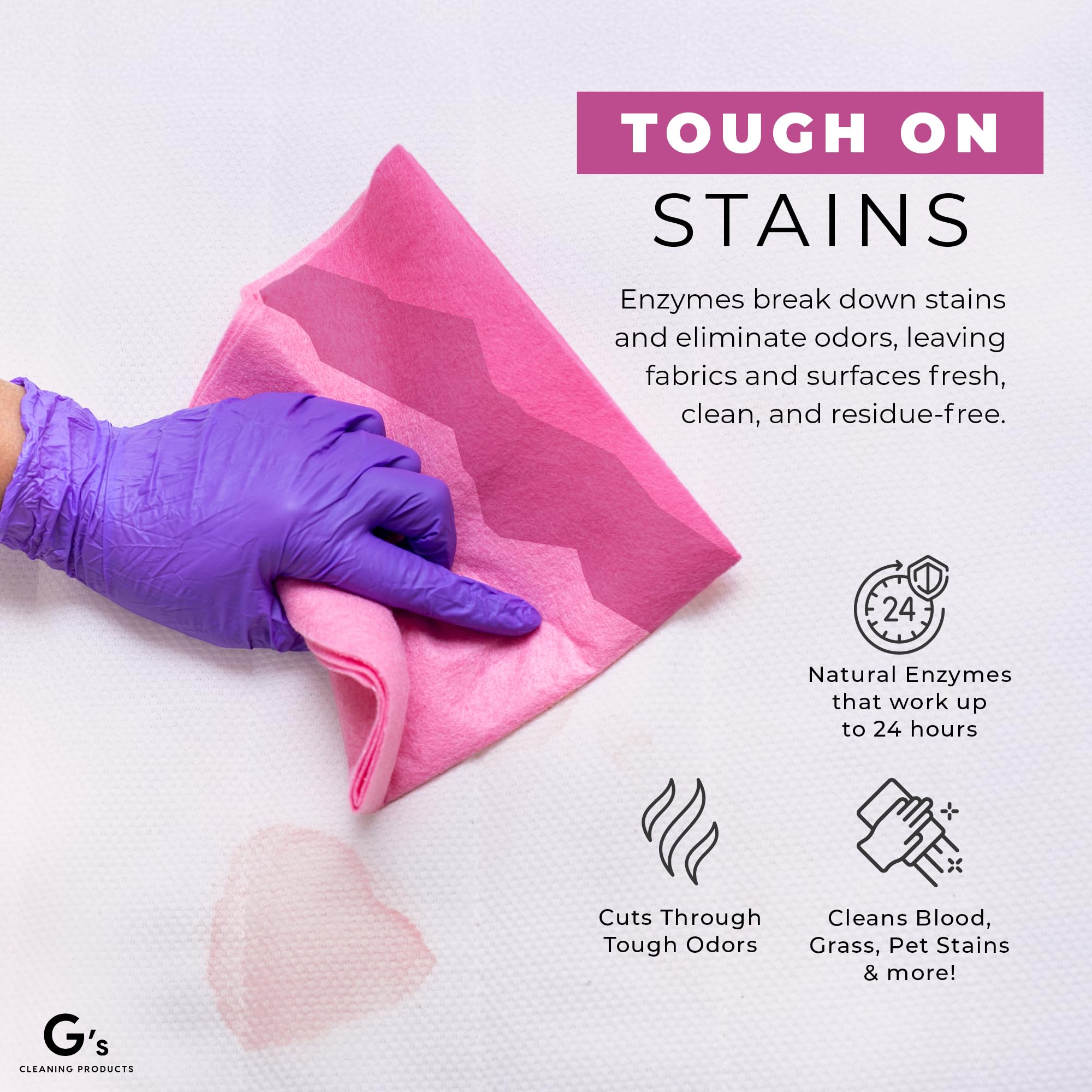 G's Cleaning Pet Urine Enzyme Cleaner close-up shows enzymatic action on stubborn stains.