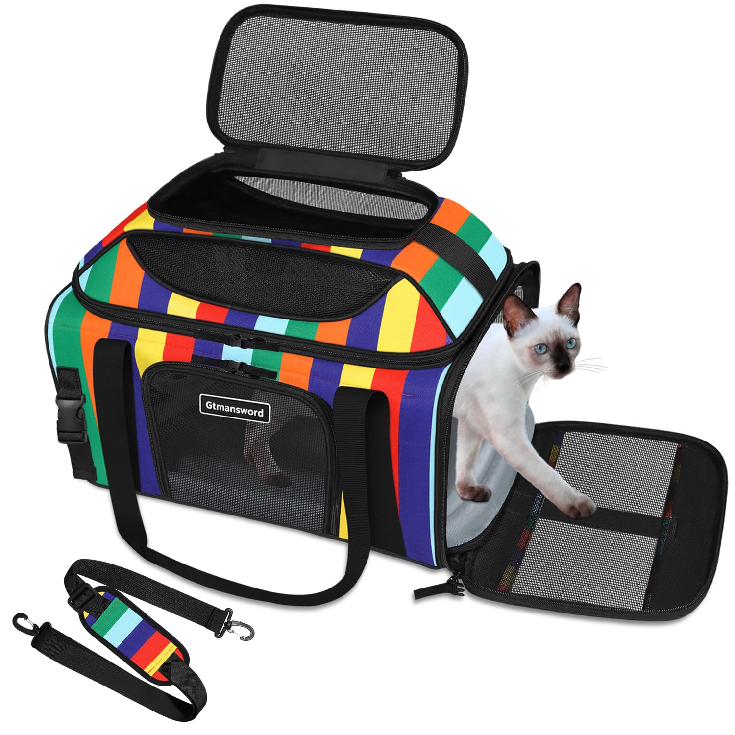 GTMANSWORD top-expandable pet carrier rainbow expands space for travel comfort.