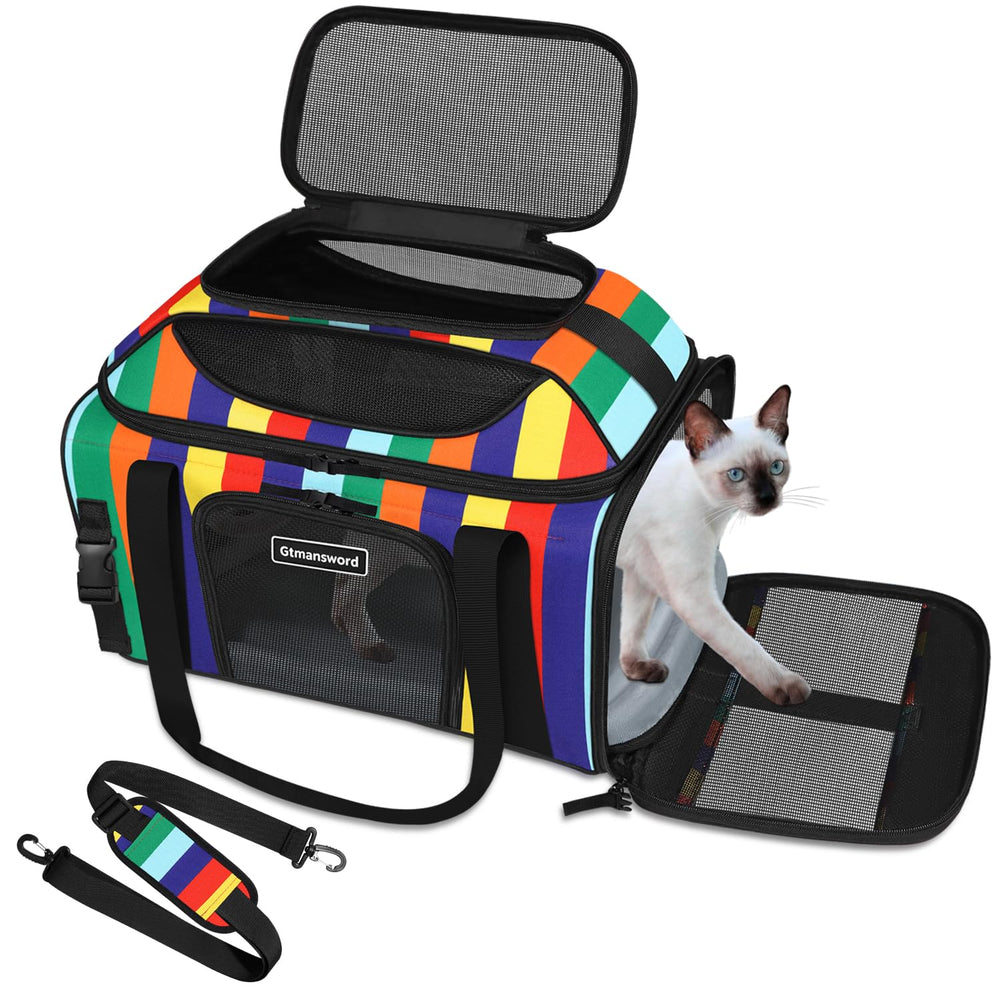 GTMANSWORD top-expandable pet carrier rainbow expands space for travel comfort.