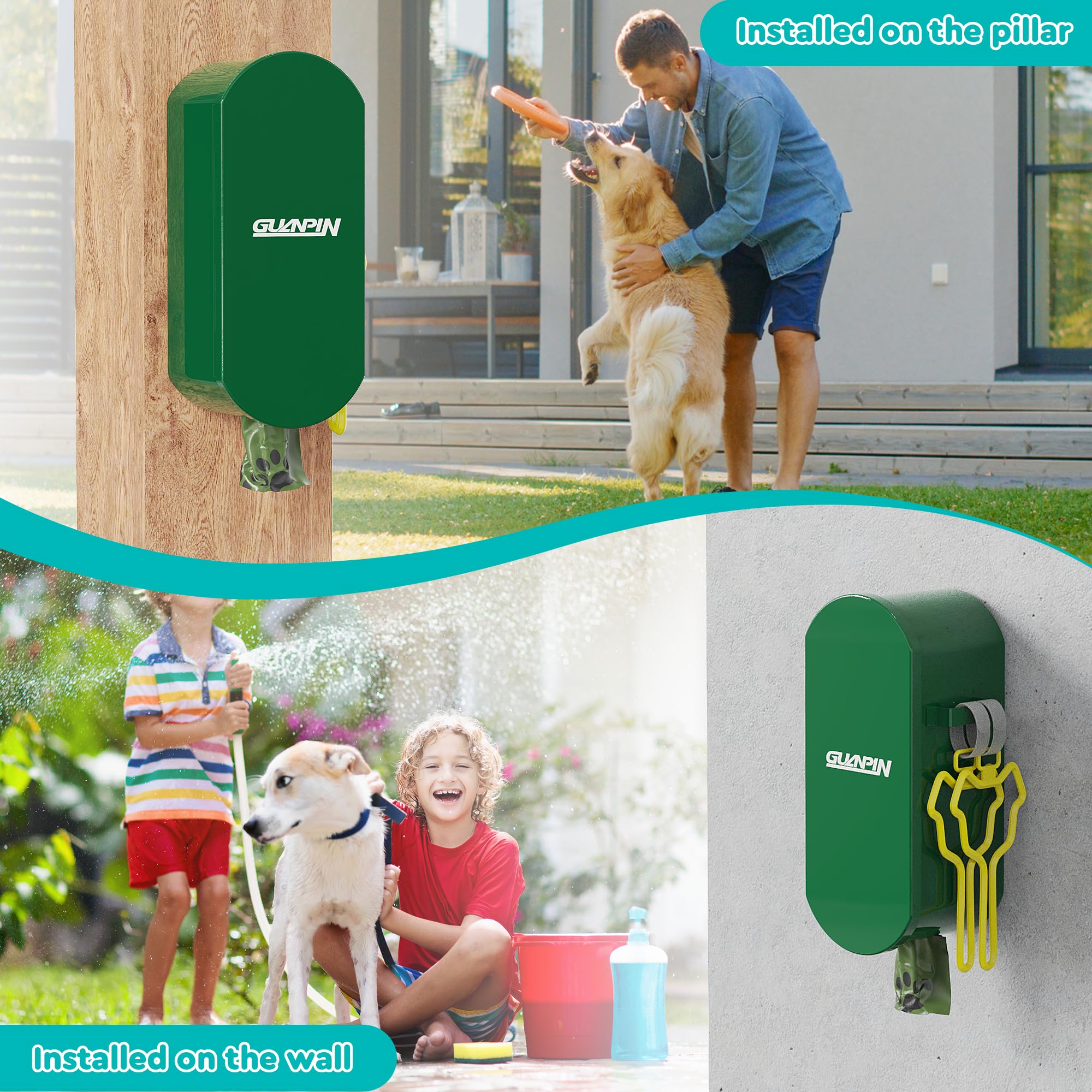 Guanpin dog poop bag dispenser two holders side view highlights convenient bag organization