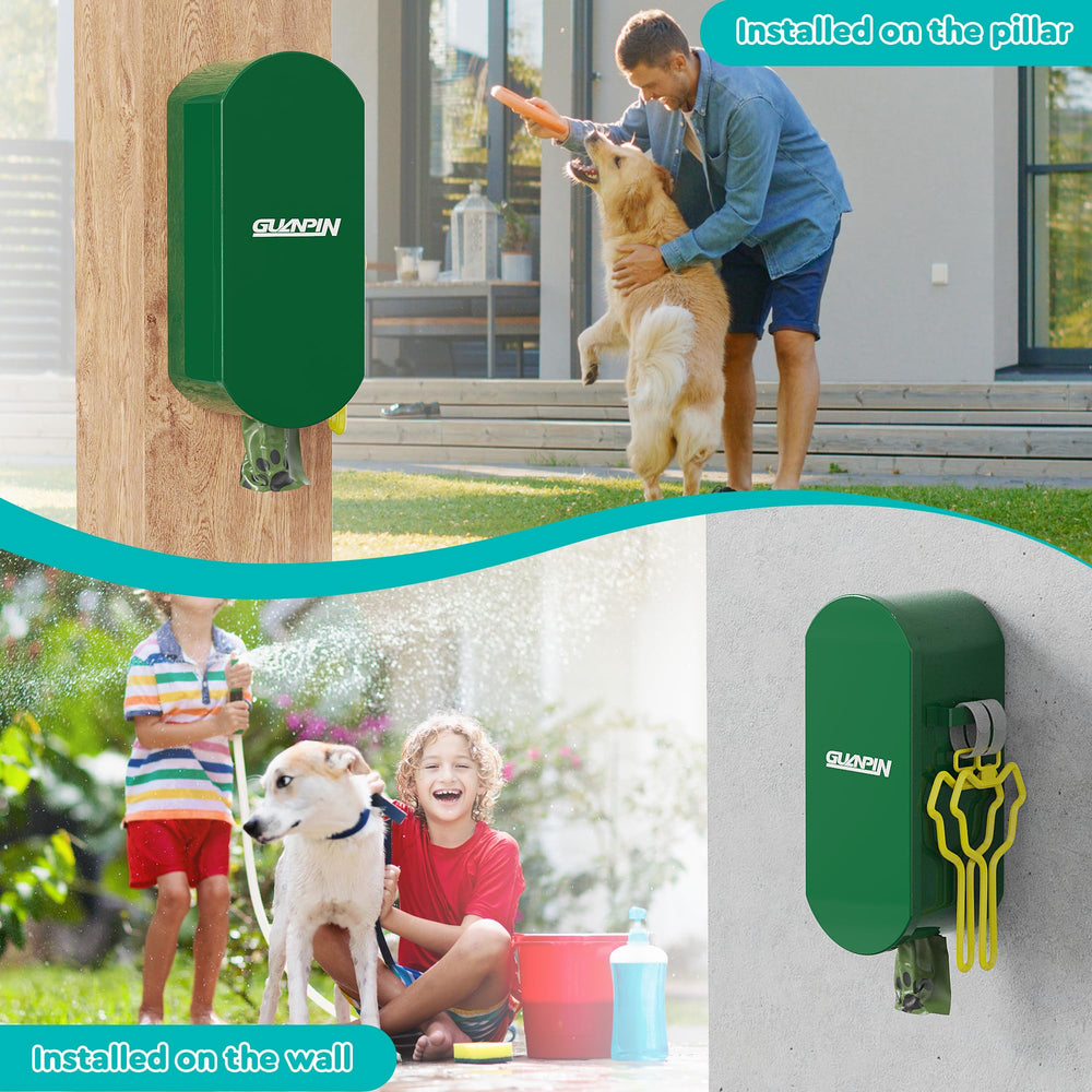 Guanpin dog poop bag dispenser two holders side view highlights convenient bag organization