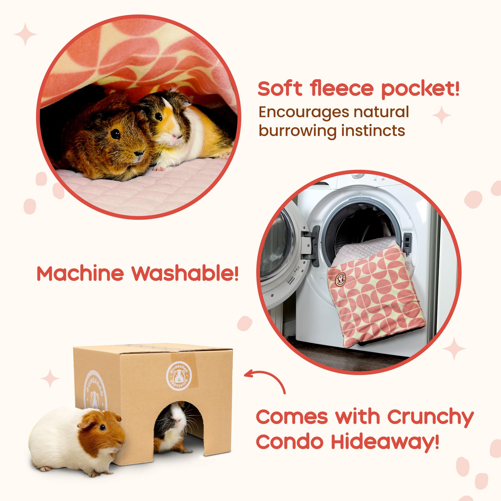 GuineaDad Premium Liner blush nesting pockets illustrate burrowing and enrichment in a dry bed.