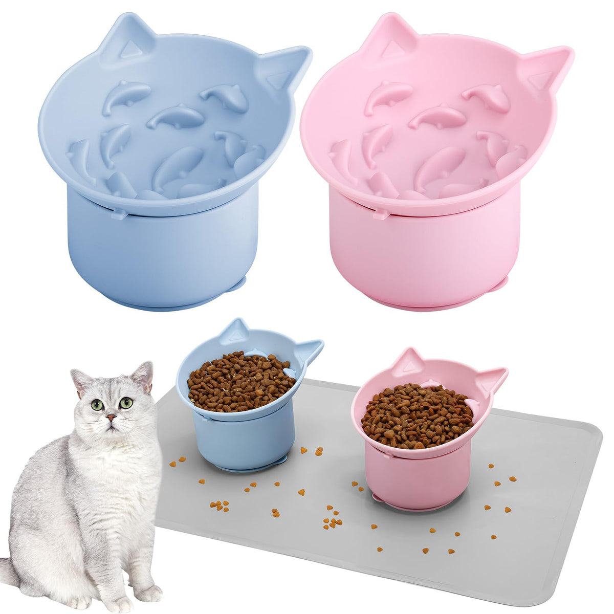 Guiqulai pink-blue dual elevated bowls for slower, calmer feeding.