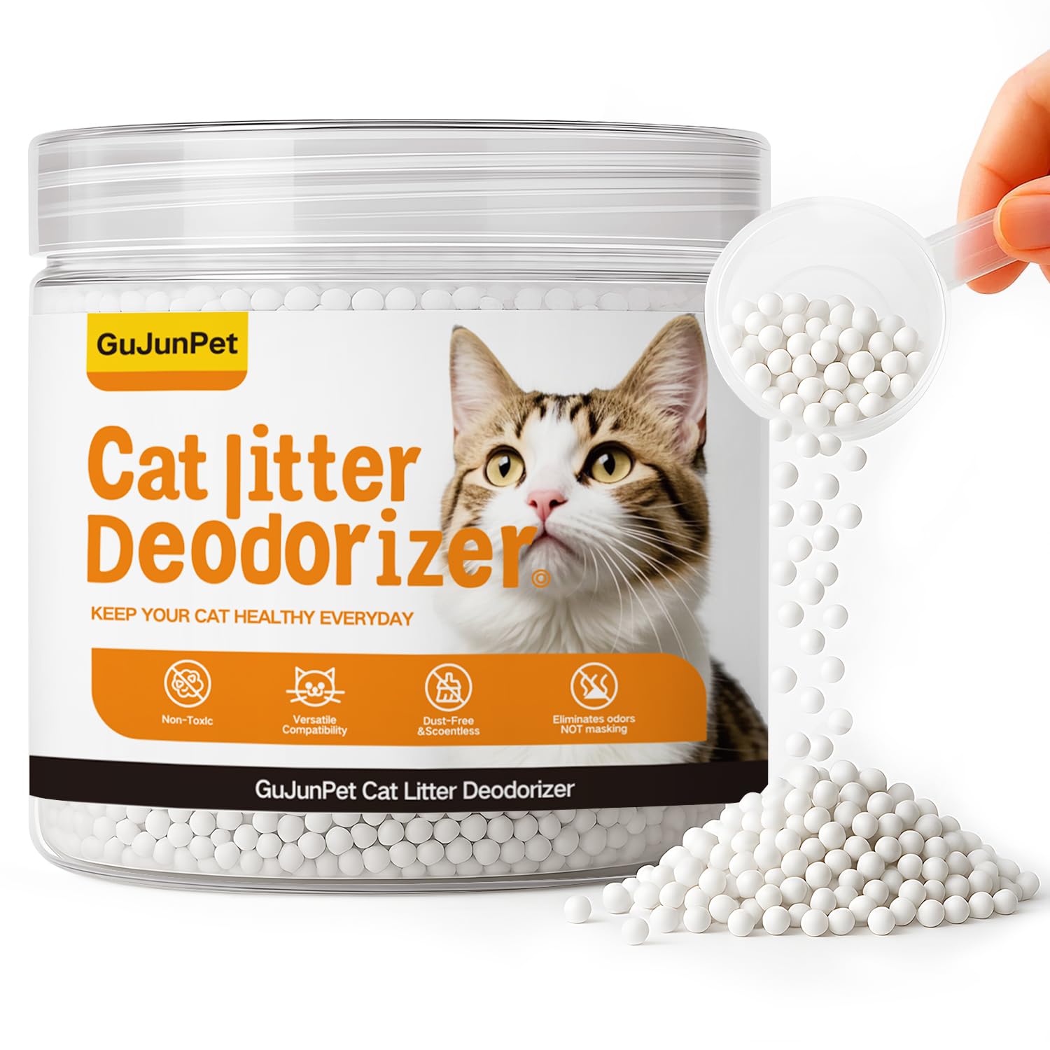 GuJunPet cat litter deodorizer bottle demonstrates fragrance-free odor control for sensitive cats in homes.