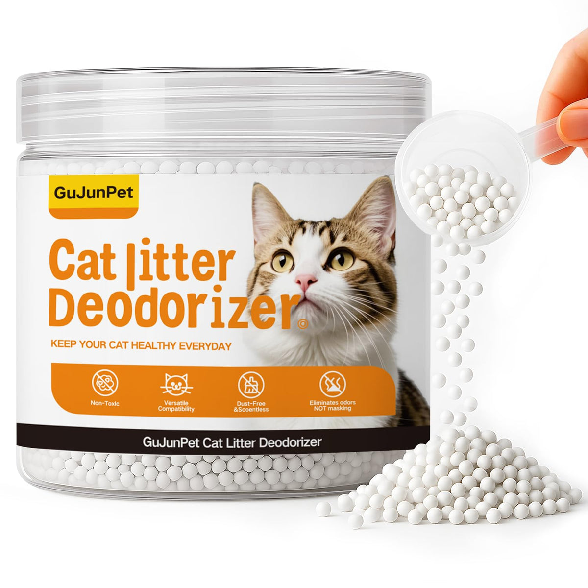 GuJunPet cat litter deodorizer bottle demonstrates fragrance-free odor control for sensitive cats in homes.