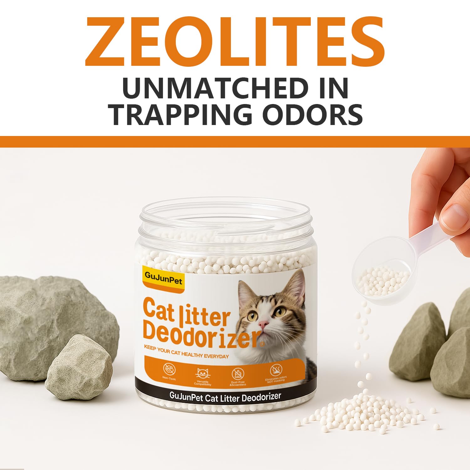 GuJunPet litter-life-extension shot shows longer-lasting litter use with better moisture control.