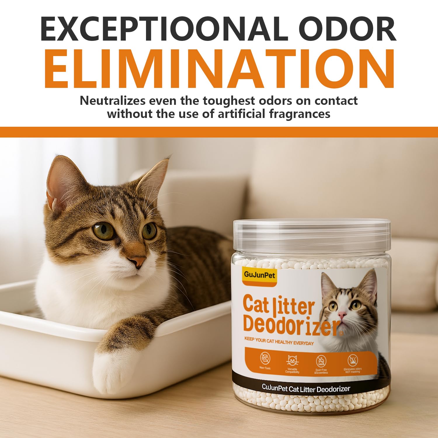 GuJunPet odor elimination technology graphic highlights molecular breakdown of smells.