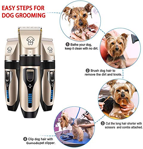 Gumodo guard combs (3/4/6/9mm) enable precise length control across coats.