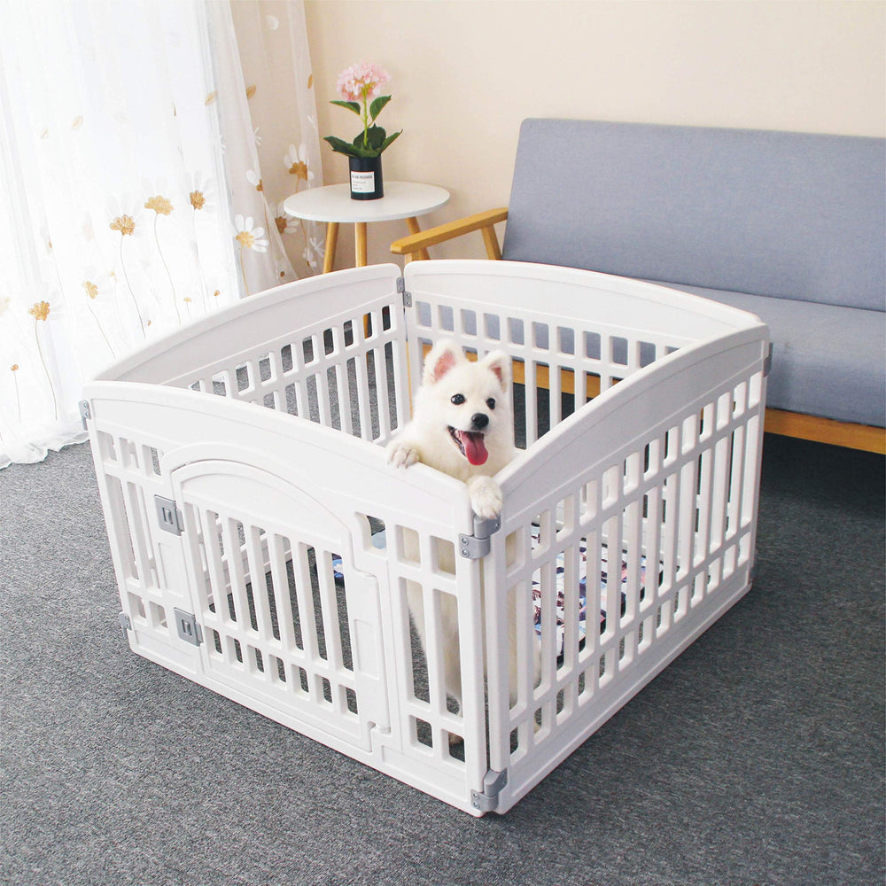 Gupamiga heavy plastic puppy exercise pen with smooth burr-free edges for safety.