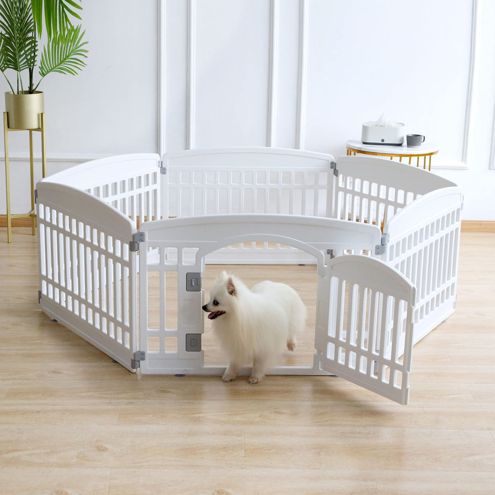 Gupamiga pet playpen indoor outdoor-use demonstrates versatile containment on smooth surfaces for small pets.