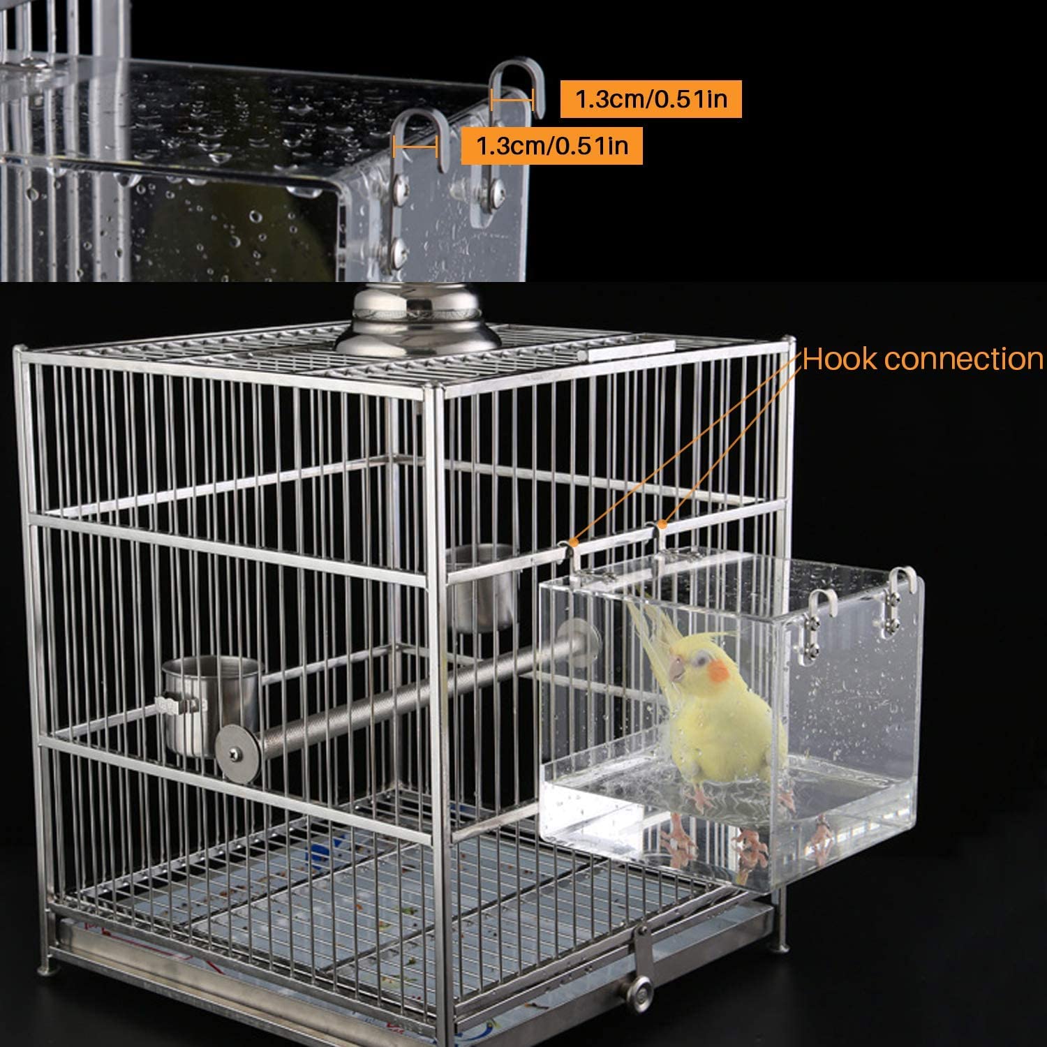 GURECOD Bird Bath Cube inside-hook positions show flexible cage setup options.