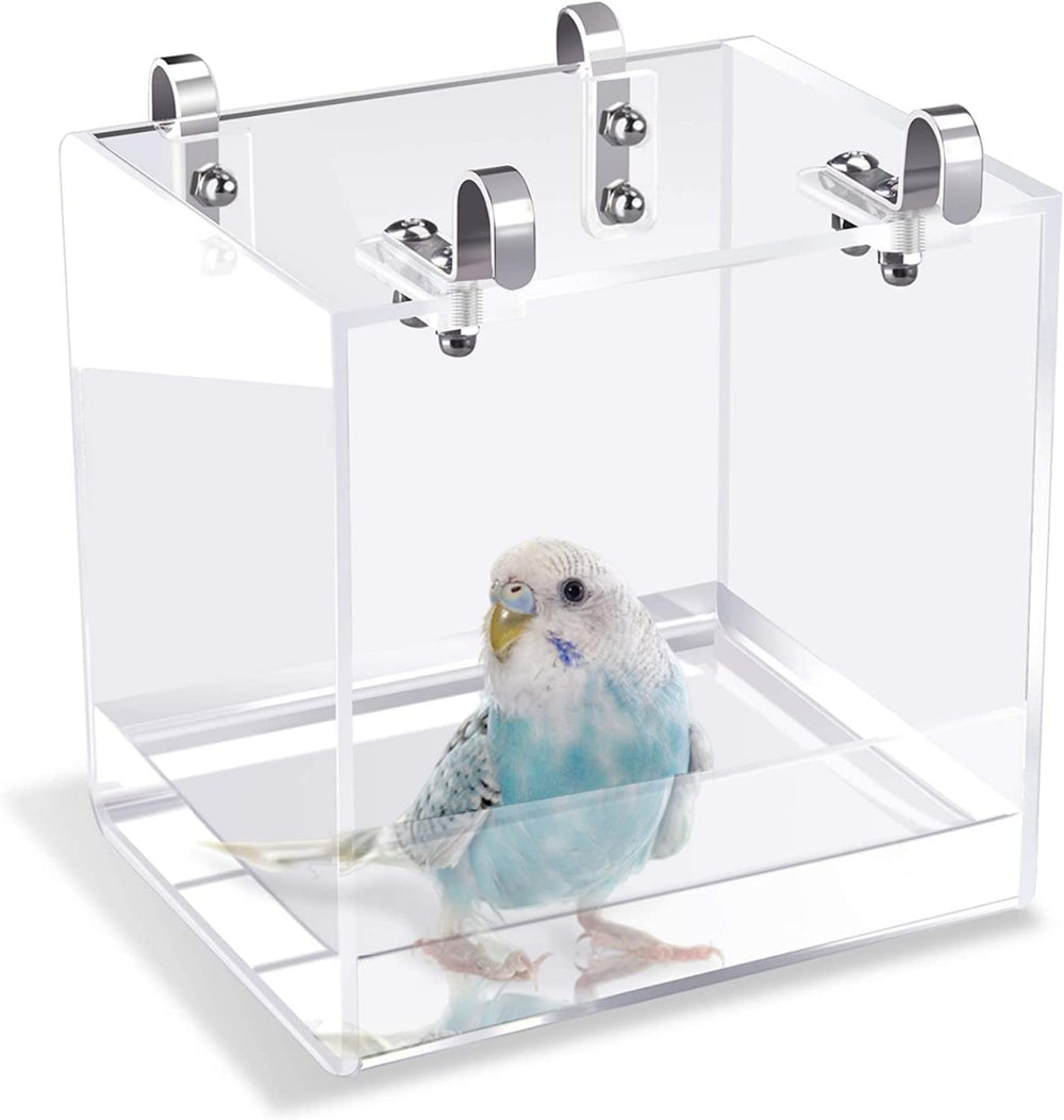 GURECOD Hanging Bird Bath Cube large front view shows transparent acrylic for easy bath monitoring.
