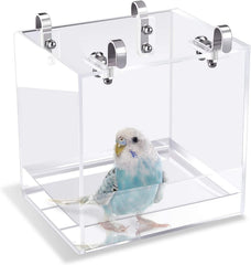 GURECOD Hanging Bird Bath Cube large front view shows transparent acrylic for easy bath monitoring.