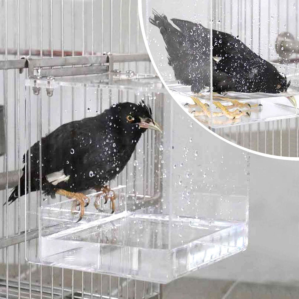 GURECOD Hanging Bird Bath Cube large transparent acrylic detail highlights non-toxic, safe materials.